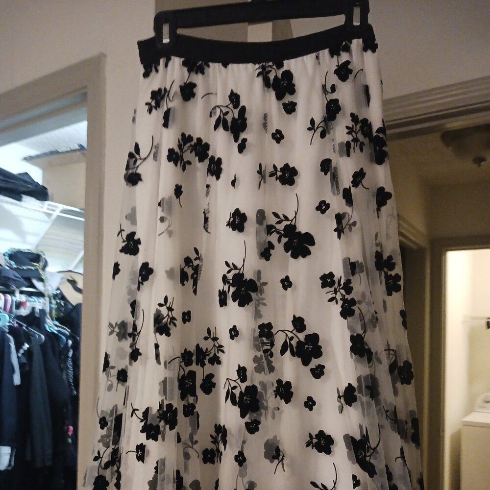 Long White Skirt with Black Flowers